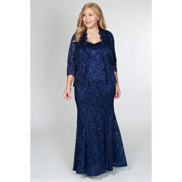 R&M Richards Long Mock Lace Jacket Dress, Navy Evening Gown, Size 6 New w/Tag - Picture 11 of 11